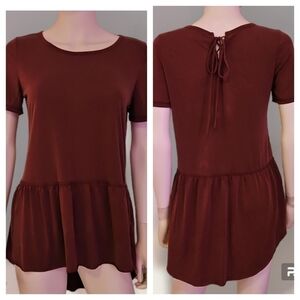 MOTE Purple Peplum High-Low Lace-up Back Short Sleeve Blouse Small